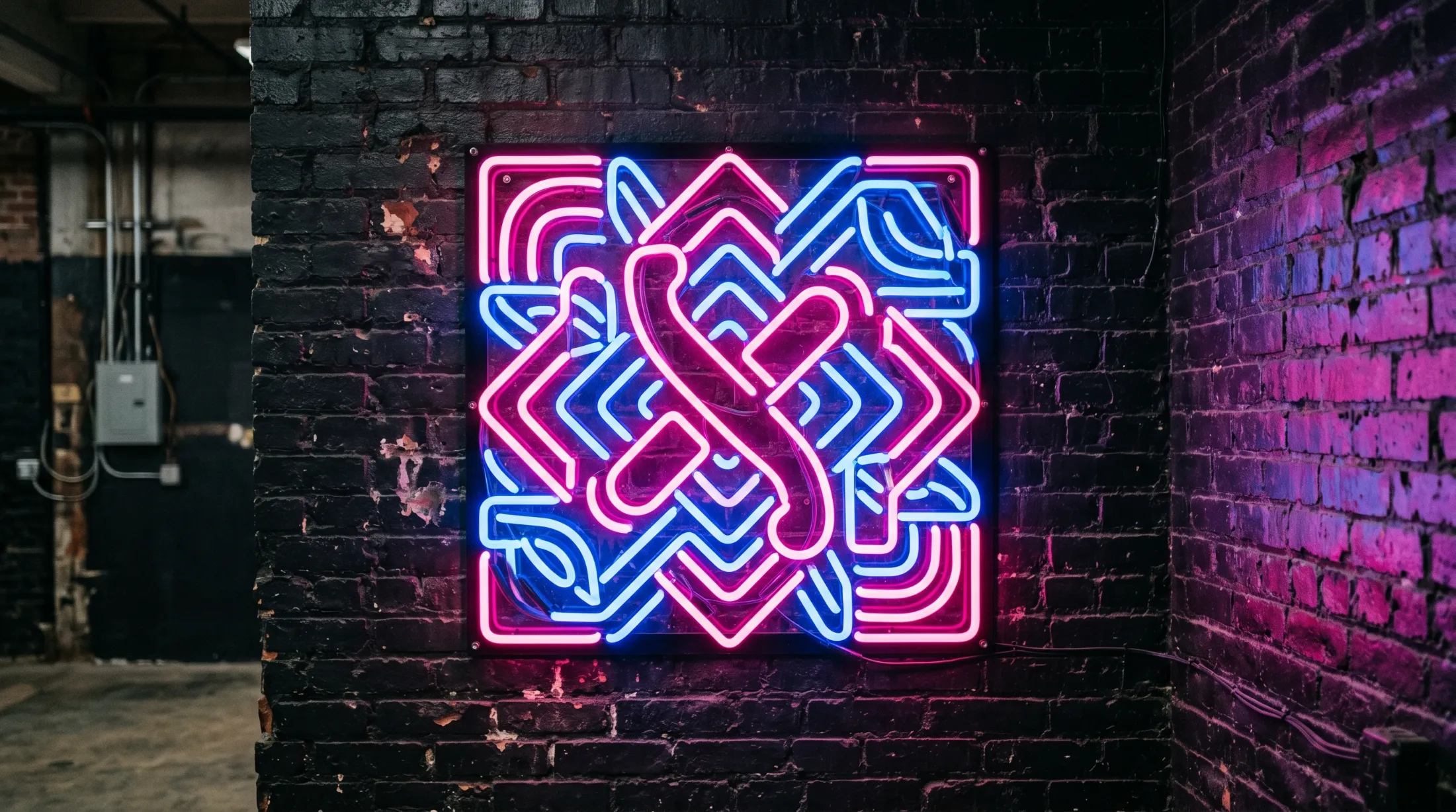 Logotipo corporativo en formato de neón luminoso sobre pared de ladrillo visto.