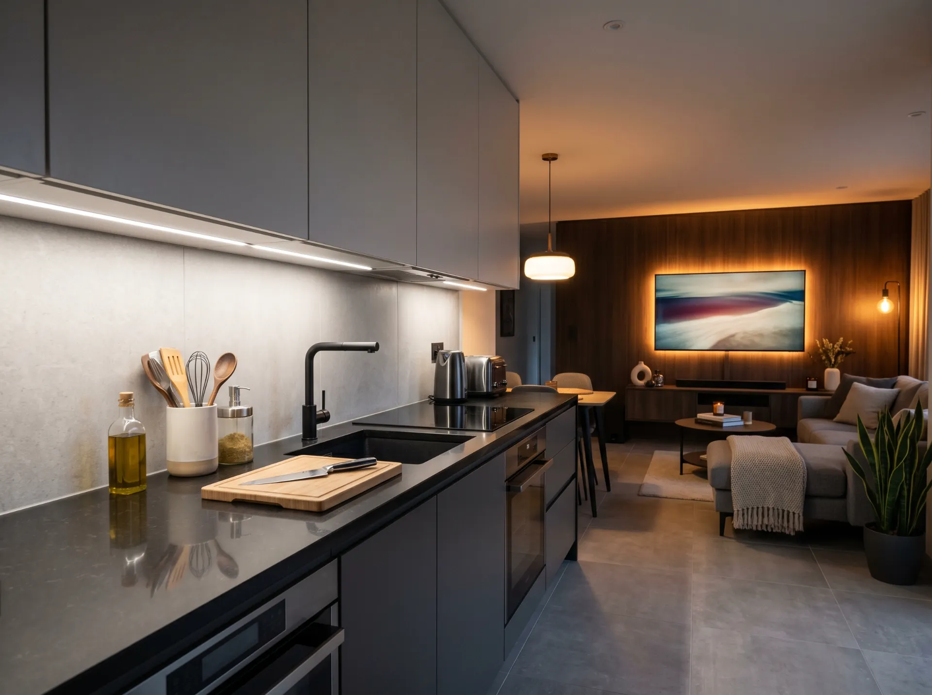 Vivienda de planta abierta con integración de cocina y salón, destacando el uso de perfiles LED para delimitar espacios.